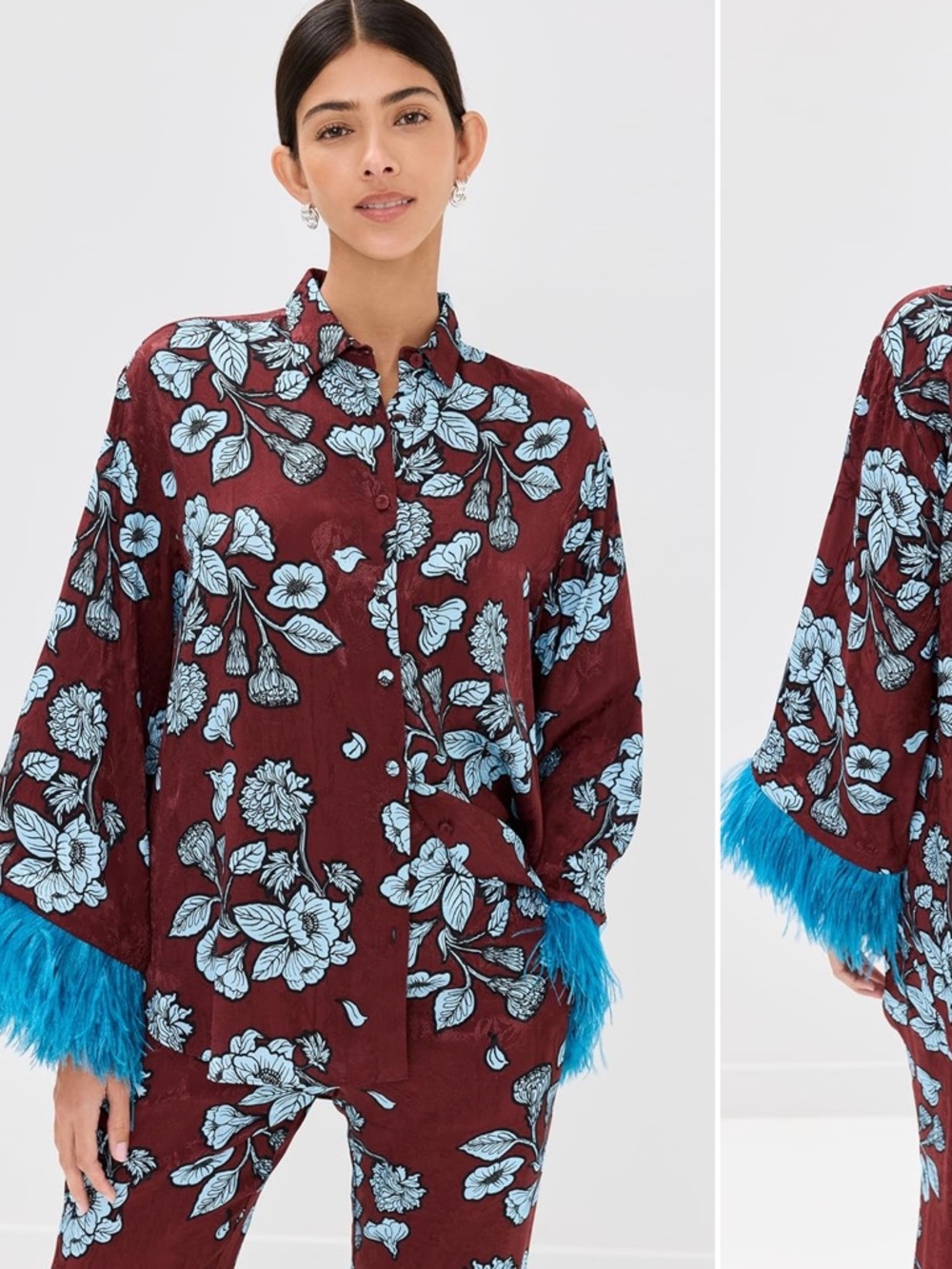 NWT Borgo De Nor Nesse Top Glass Flower Burgundy Shirt with Blue Feathers US4